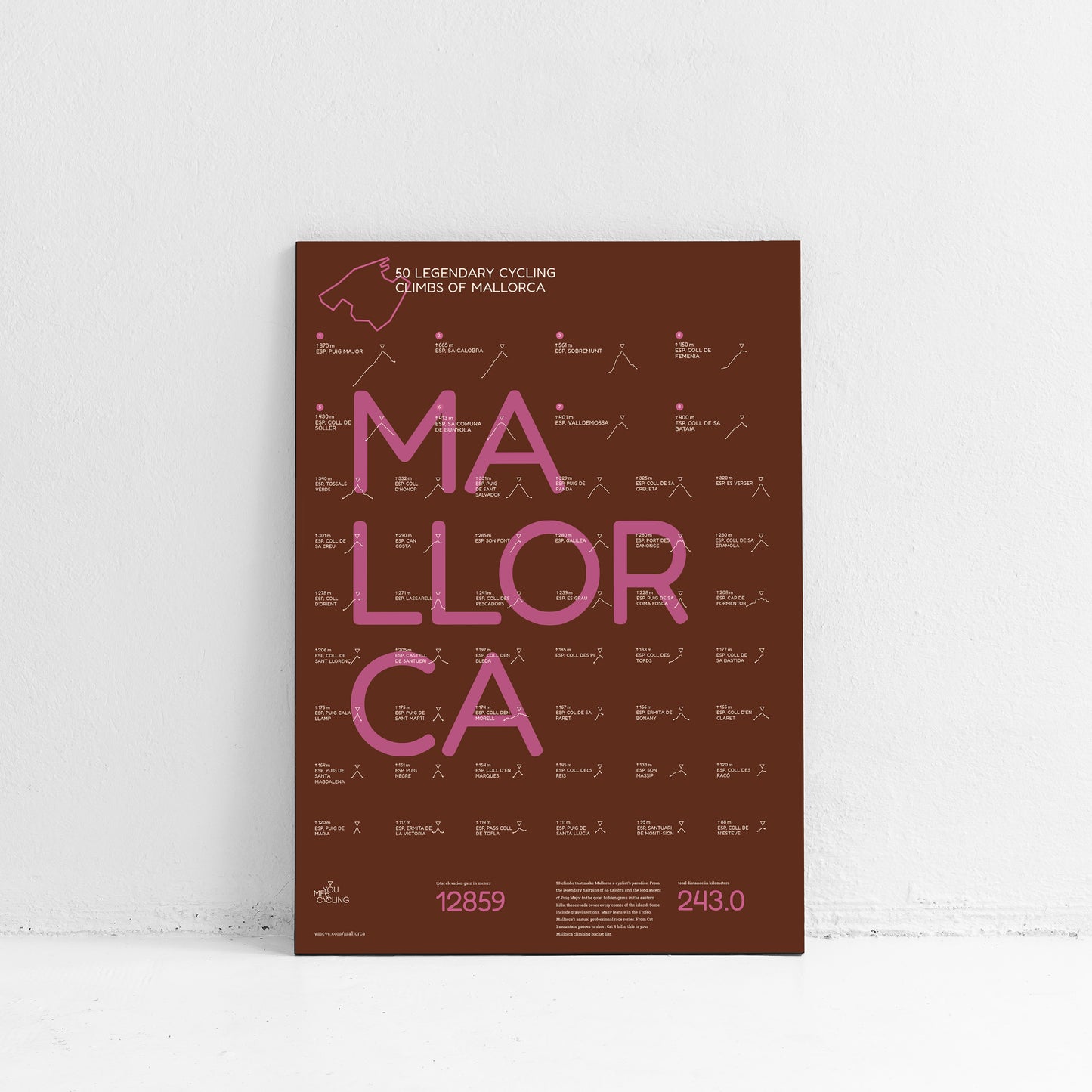 Mallorca Rennrad-Poster, Oxide Limited Edition in Rosa auf Oxid-Braun, 50 Anstiege, DIN A2