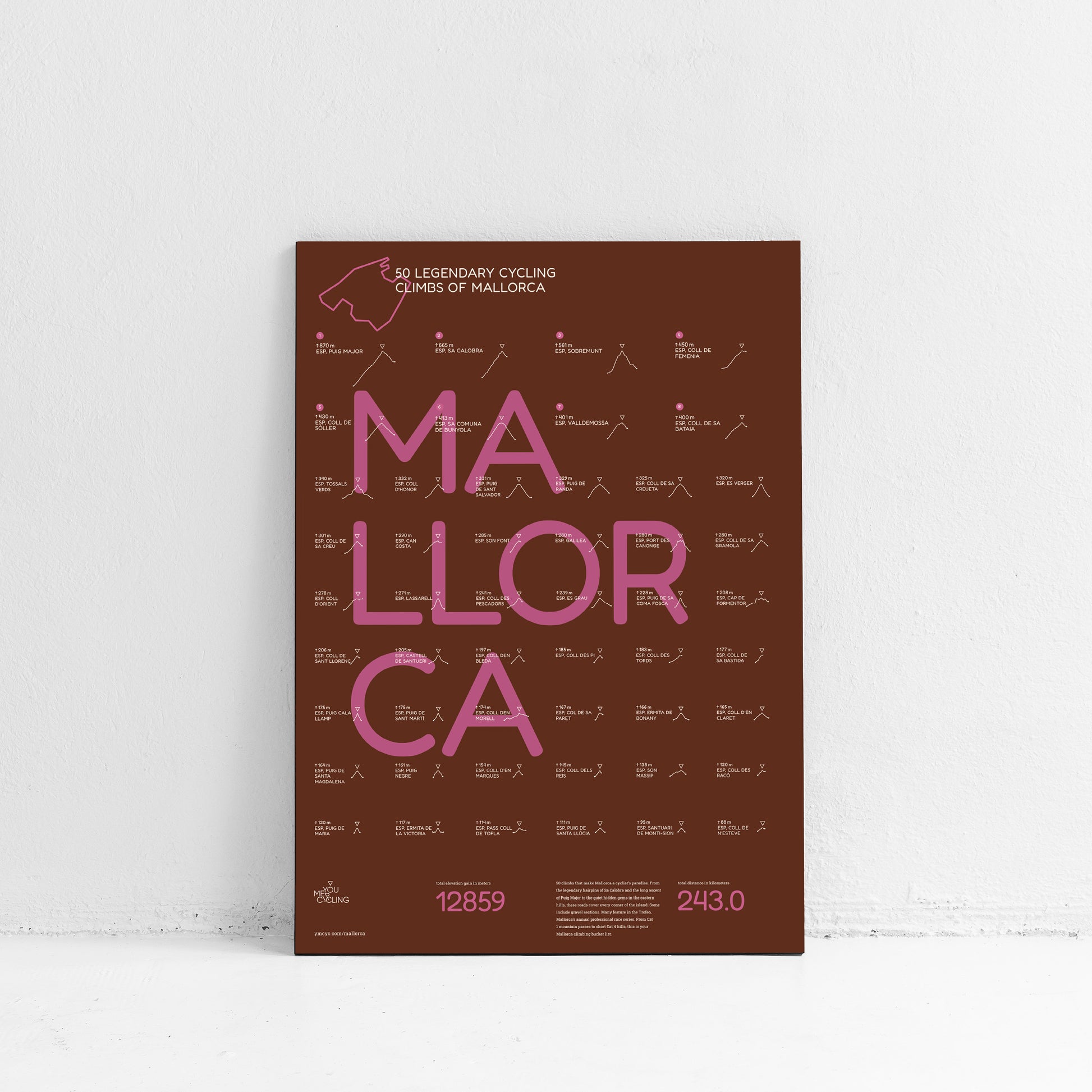 Mallorca Rennrad-Poster, Oxide Limited Edition in Rosa auf Oxid-Braun, 50 Anstiege, DIN A2